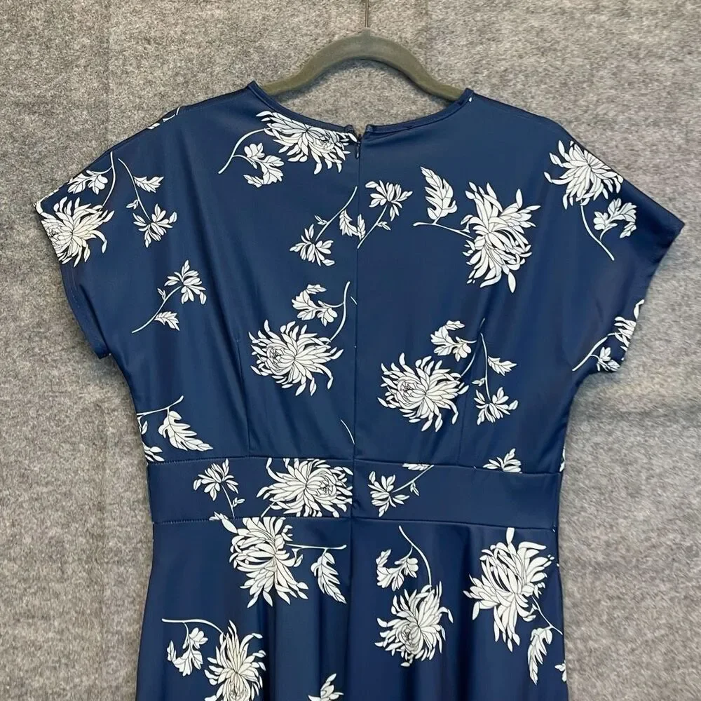 HOMEYEE Dress Size 2XL Blue White Floral Round Neck Midi A-Line Pleated Swing - Picture 8 of 16